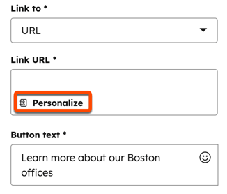 Capture d’écran du module Bouton dans l’éditeur d’e-mails. Le bouton « Personnaliser » dans le champ « URL du lien » est mis en surbrillance.