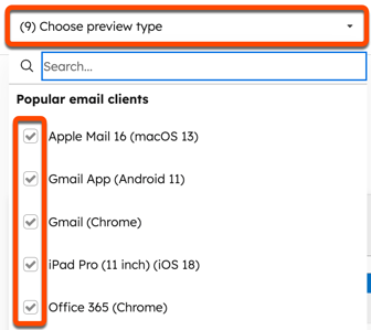 Screenshot of the email preview screen. The "Choose preview type" dropdown menu is highlighted, as are the checkboxes next to email clients.