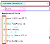 Screenshot of the email preview screen. The "Choose preview type" dropdown menu is highlighted, as are the checkboxes next to email clients.