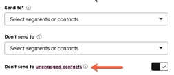 Screenshot of the recipients section of the marketing email editor. The "unengaged contacts" link is indicated with an arrow.