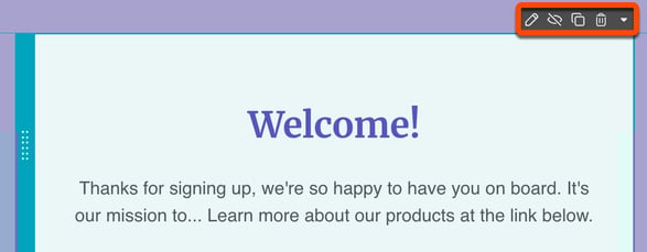 Screenshot of the email editor. The editing panel that shows up when you hover over a module is highlighted.
