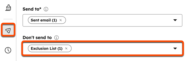 Screenshot of the "Send to" section of the email editor. The "Send to" icon is highlighted, as is the "Don't send to" dropdown menu.