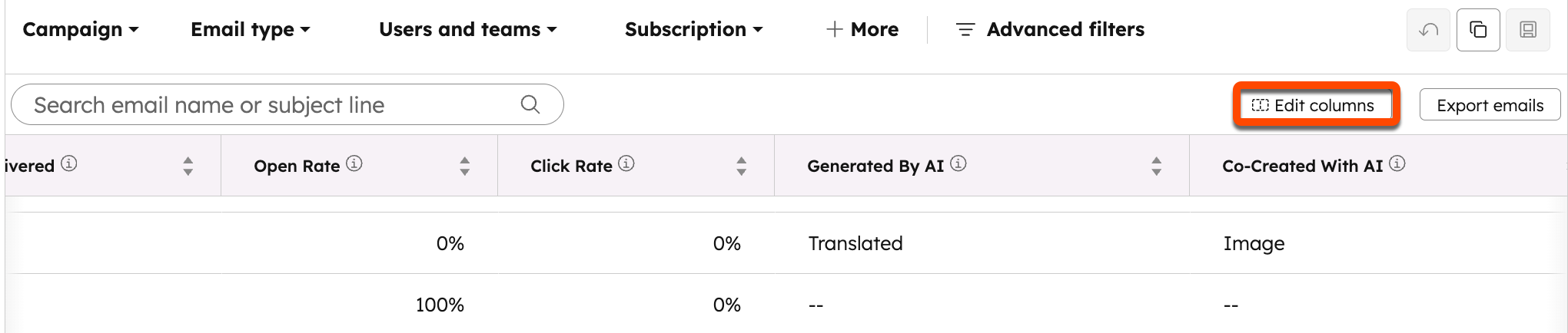 Captura de tela da página de índice de email. O botão "Editar colunas" no canto superior direito é realçado.