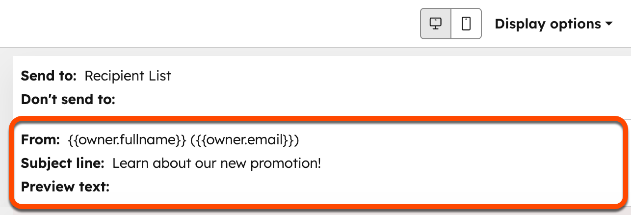 Screenshot of the email editor. The "inbox content' module at the top of the page is highlighted.