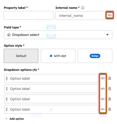 Screenshot of the custom property creator in the email editor. The code icon for editing internal names is highlighted.