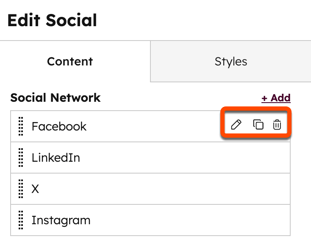 Screenshot of the Social module in the email editor. The edit, clone, and delete icons are highlighted when hovering over a social network. 