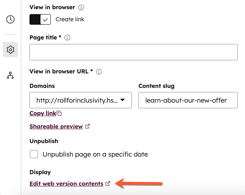Screenshot of the setup tab of the email editor. In the "Display" section beneath the "View in browser" settings, the "Edit web version contents" button is indicated.