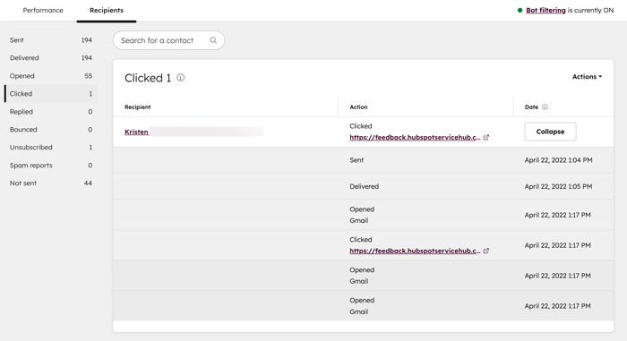 Screenshot of the "Recipients" tab of the email performance page.