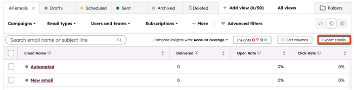 A screenshot of the marketing email index page, with the "Export emails" button in the top right of the table highlighted.