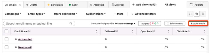 A screenshot of the marketing email index page, with the "Export emails" button in the top right of the table highlighted.