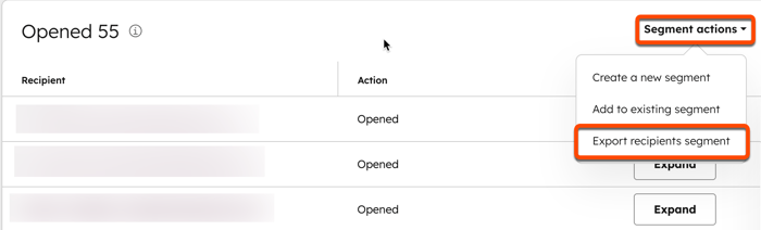 Screenshot of the Opened section of a marketing email's Recipients tab. The "Segment actions" dropdown menu in the top right is highlighted, along with the "Export recipients segment" option.