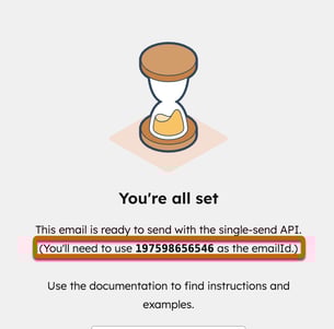 Screenshot of the email performance screen for an email sent via Single Send API. The email ID is highlighted.