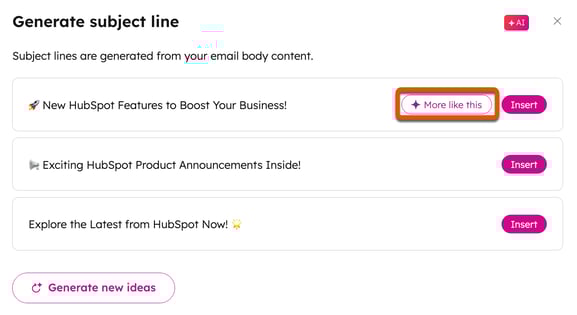 Screenshot of the email editor. In the pop-up box for generating subject lines, the "More like this" button is highlighted.