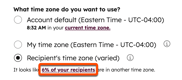 Screenshot of the time zone selection section of the Schedule tab. Under the "Recipient time zone (varied) option, the "6% of your recipients" link is highlighted.