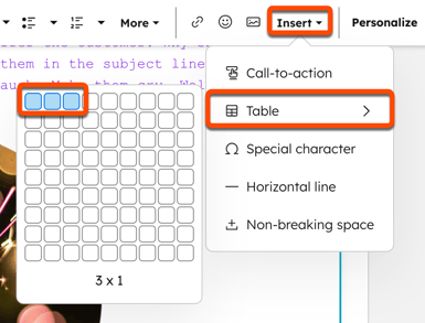 Screenshot of the email editor. The Insert dropdown menu & Table option are highlighted. A 3x1 table is being created.