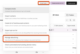 Screenshot of the email index page. The "Email tools" dropdown menu is highlighted, as is the "Manage allowlisting" option.