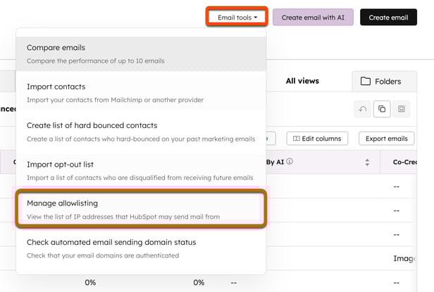 Screenshot of the email index page. The "Email tools" dropdown menu is highlighted, as is the "Manage allowlisting" option.