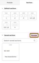 Screenshot of the email editor. On the "Sections" tab of the left sidebar editor, the Manage button is highlighted.