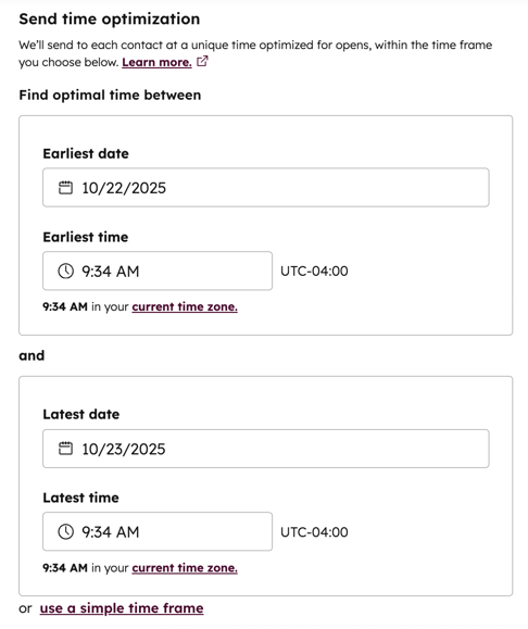 Screenshot of the email editor. The advanced optimal time selection screen is shown. 