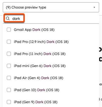 Screenshot of the screen for previewing emails in email clients. The "Choose preview type" dropdown menu is displayed, with "dark" entered in the search bar.