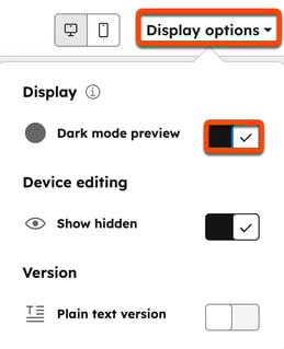 Screenshot of the email editor. The "Display options" dropdown menu at the top of the page is highlighted, as is the "Dark mode preview" option.