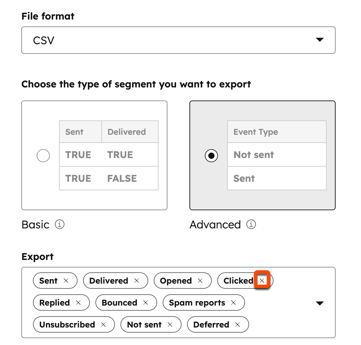 Screenshot of the export dialog box for marketing emails. In the Export field, the X next to the "Clicked" email event is highlighted.