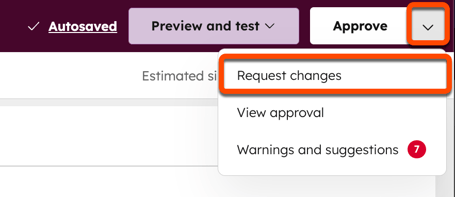Screenshot of the email editor. The dropdown menu next to the "Approve" button and the "Request changes" option are highlighted.