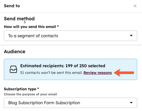 Screenshot of the email editor. The "Review reasons" button is highlighted in the Audience section of the Send to settings.
