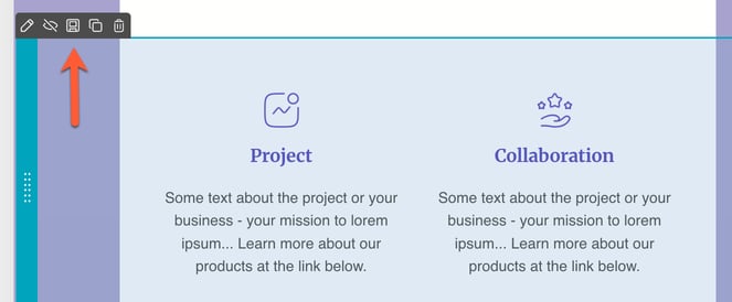Screenshot of the email editor. The save icon that appears when you hover over a section is highlighted.