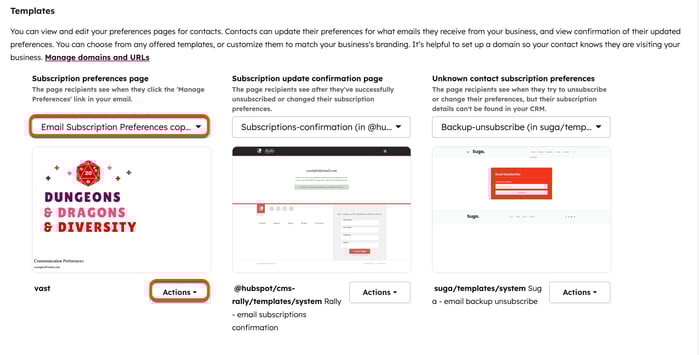 Image of subscription preferences pages, with the dropout menu for select a page & the Actions menu highlighted