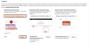 Image of subscription preferences pages, with the dropout menu for select a page & the Actions menu highlighted