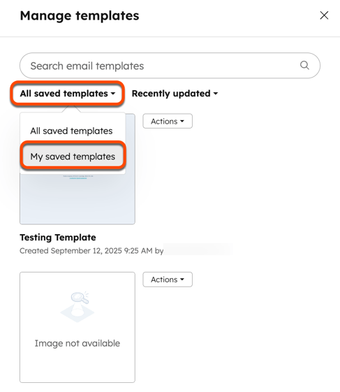 Screenshot of the manage templates panel. The first dropdown menu is highlighted, as well as the "My saved templates" option.