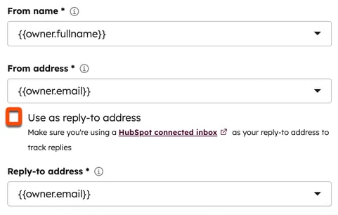 Screenshot of the From name and address settings in the email editor. The "Use as reply-to address" box is highlighted.