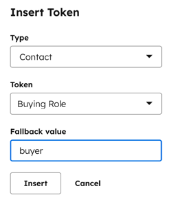 Screenshot of the "Insert token" pop-up box. A Fallback value of "buyer" is specified.