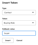 Screenshot of the "Insert token" pop-up box. A Fallback value of "buyer" is specified.