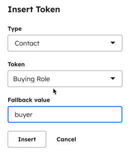 Screenshot of the "Insert token" pop-up box. A Fallback value of "buyer" is specified.