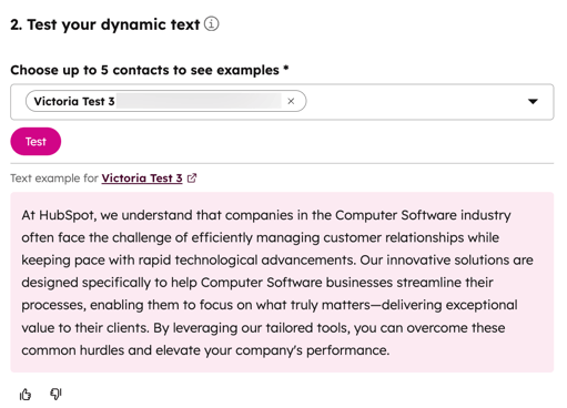 Screenshot of the dynamic test token editor. The menu for choosing contacts and a test example is displayed.
