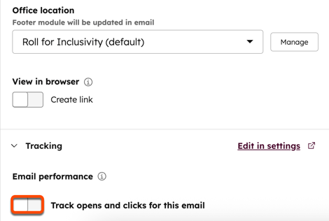 Screenshot of the Setup tab of the email editor. The "Track opens and clicks for this email" toggle is highlighted.