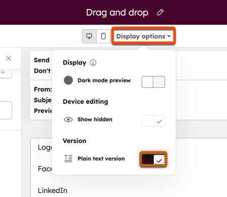 Screenshot of the email editor. The "Display options" dropdown menu is highlighted, as is the "Plain text version" switch.