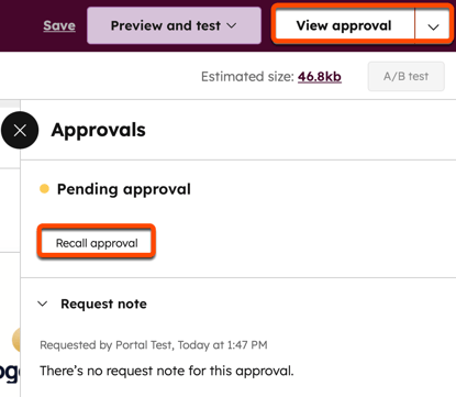 Screenshot of the email editor. The "View approval" button in the top right is highlighted, as is the "Recall approval" button in the right panel.