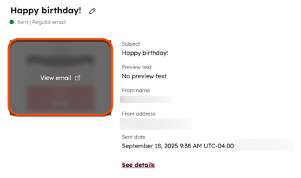 Captura de pantalla de la página de rendimiento del correo electrónico. El texto "Ver correo electrónico" de la vista previa aparece resaltado.