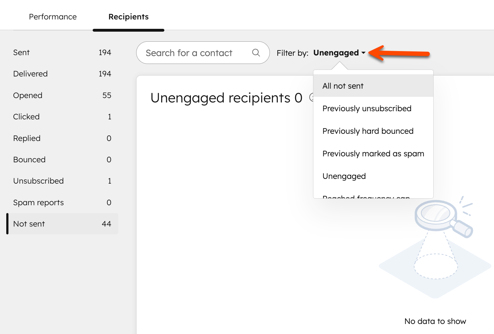 Screenshot of the marketing email performance page. In the "Not sent" section of the "Recipients" tab, the "Filter by" dropdown menu is highlighted.