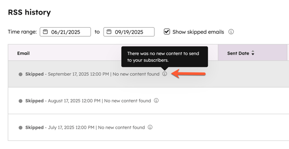 Screenshot of the "RSS History" section of the email performance page. The info icon for one of the skipped sends is indicated with an arrow.