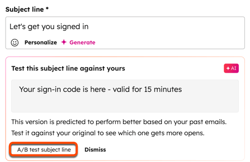 Screenshot of the inbox content module in the email editor. The A/B test subject line button is highlighted.