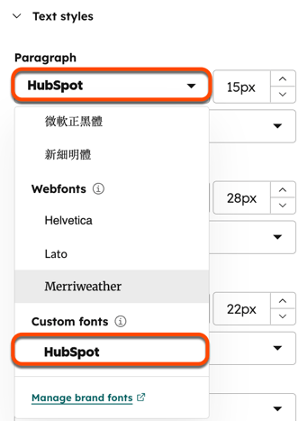 Screenshot of the marketing email editor. In the Text styles section, a dropdown menu is highlighted, as is the selection of a custom font option.