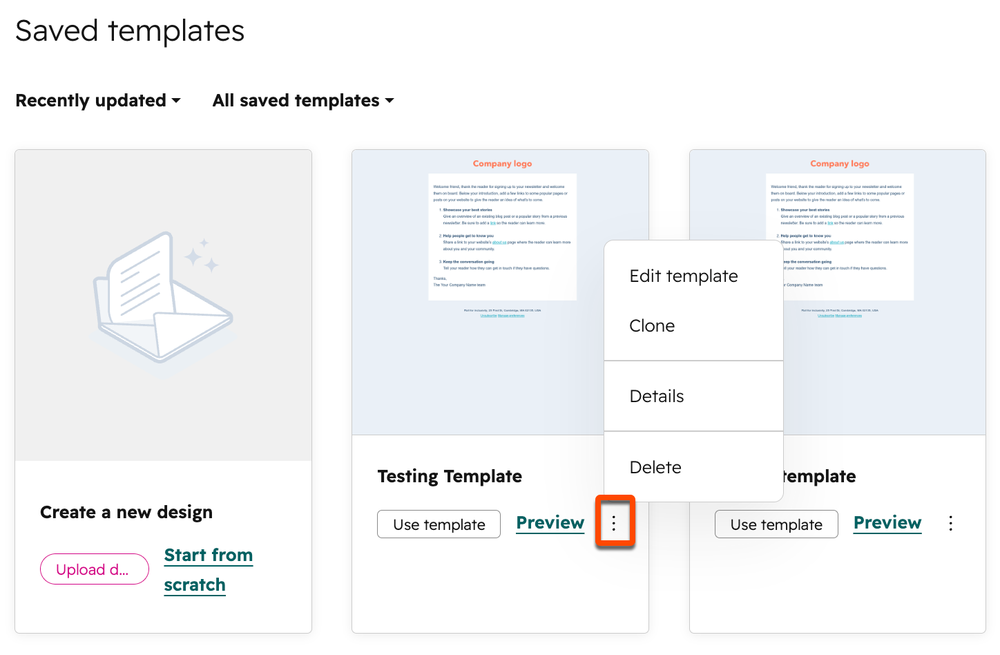 Screenshot of the saved template selection screen. The three dots under a template's name are highlighted.
