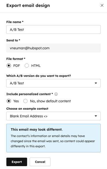 Screenshot of the dialog box for exporting a marketing email.