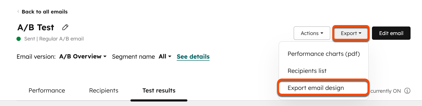 Screenshot of the email performance page. The "Export" menu and "Export email design" option are highlighted.