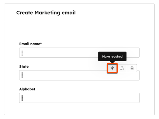 Custom property form editor, with the "Make required" icon highlighted when hovering over a property.