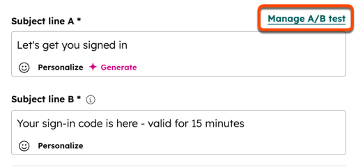 Screenshot of the inbox content module in the email editor. after an A/B test has started The "Manage A/B test" link is highlighted.